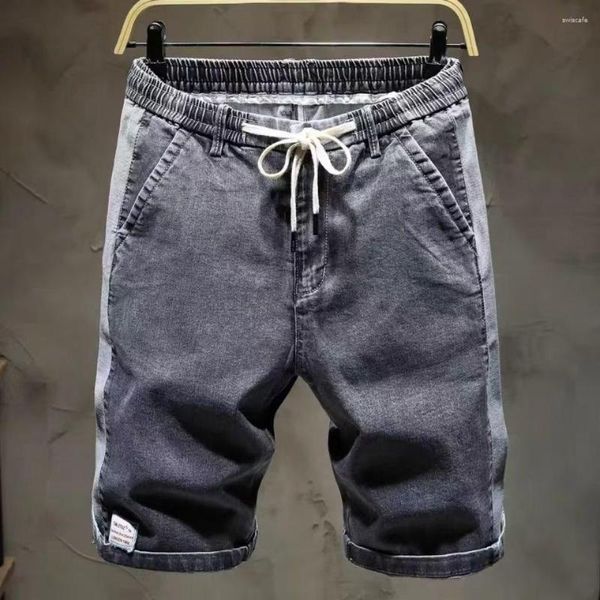 Jeans masculinos na moda verão luxo coreano hip hop cordão retalhos com bolsos de carga e shorts jeans jogger para homem