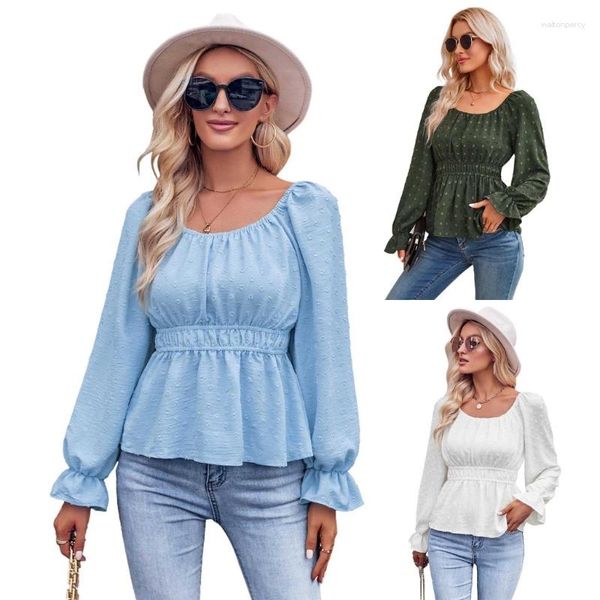 Damen-T-Shirts 50JB, elegante Bluse mit Rüschen, langen Ärmeln, Rundhalsausschnitt, Rüschen, Smocke-Taille, perfekt für den Alltag