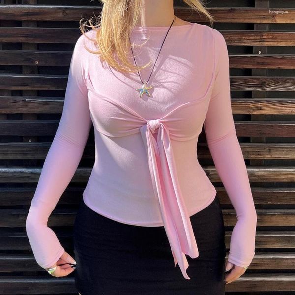 Kadın Tişörtleri Uzun Kollu Kadınlar İçin Slim Fit Fear Pembe Düz Renk Bandajı Seksi Sokak Giyim Bodycon Pileli Tshirt Mahsul Üst Kravat Ön