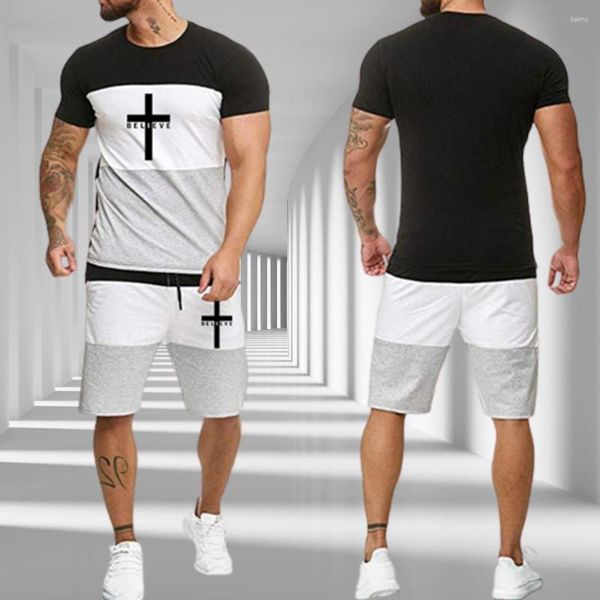 Tute da uomo Streetwear Abbigliamento sportivo sottile Bodybuilding Pantaloncini a maniche corte a righe Set da uomo Estate Panno Abbinamento colori Tute sportive