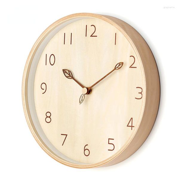 Relógios de parede Redondo Relógio de madeira maciça Design nórdico Minimalista Silencioso Sala de estar Restaurante Cozinha Decoração Ponteiro de folha criativo