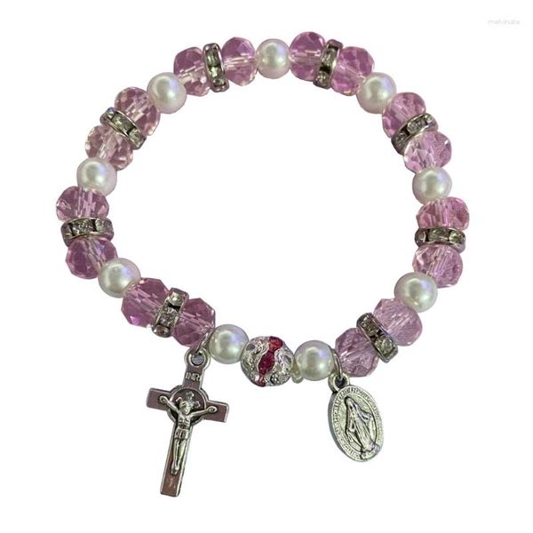 Braccialetti di collegamento Bracciale con perline di cristallo Rosario Stretch Gesù Ciondolo Anniversario Gioielli Regalo per donna Uomo Religioso cattolico