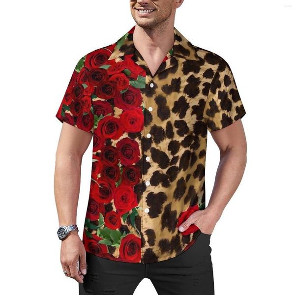 Erkekler Sıradan Gömlek Çiçek Leopar Gevşek Gömlek Erkekler Plaj Retro Roses Hawaii Özel Kısa Kollu Sokak Giyim Büyük Boy Bluzları