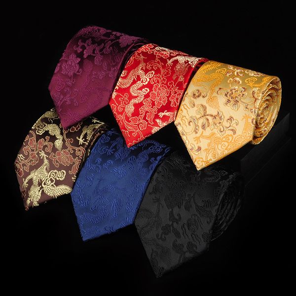 Boyun bağları lüks erkek elbise 9cm muhteşem ulusal rüzgar kırmızı Çin ejderha desen jacquard damat damat damat düğün ipek kravat 230807