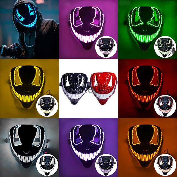 Máscaras de festa Halloween LED Venom Mask Glowing Horrible White Mouth Engraçado Full Face Color Masquerade Cosplay Bar Casa Assombrada Decoração de Festa J230807