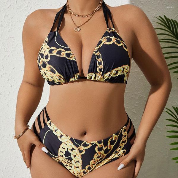 Tute da donna Gotoola Ricami squisiti Bikini cava floreale Stampa leopardata Halter Triangle Cup Split Costume da bagno Plump Girls