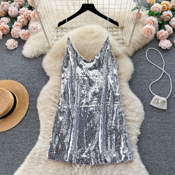 Casual Kleider Vintage Hosenträger Mini Kleid Für Frauen Sommer Pailletten Lose Anliegende Kurze Damen Mode Party Vestidos