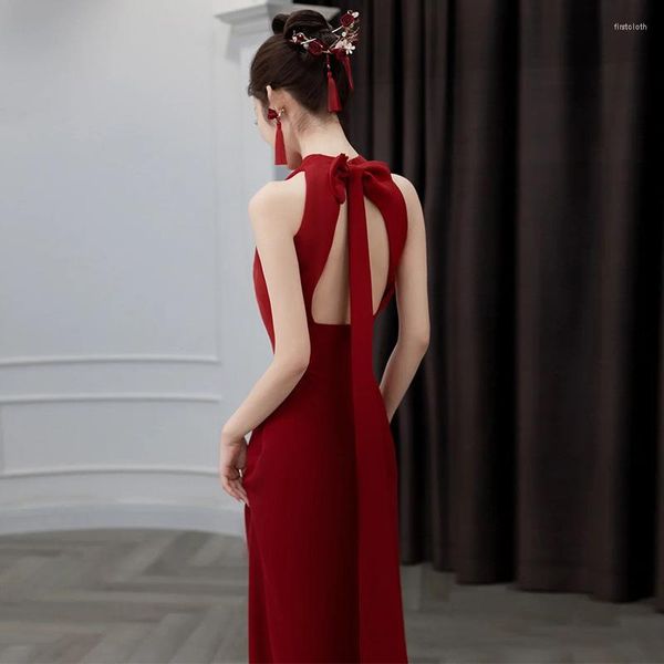 Vestuário Étnico Elegante Halter Vestido de Noite Feminino Borgonha Qipao Backless Laço Cheongsam Longo Noiva Vestidos De Noiva Estilo Chinês