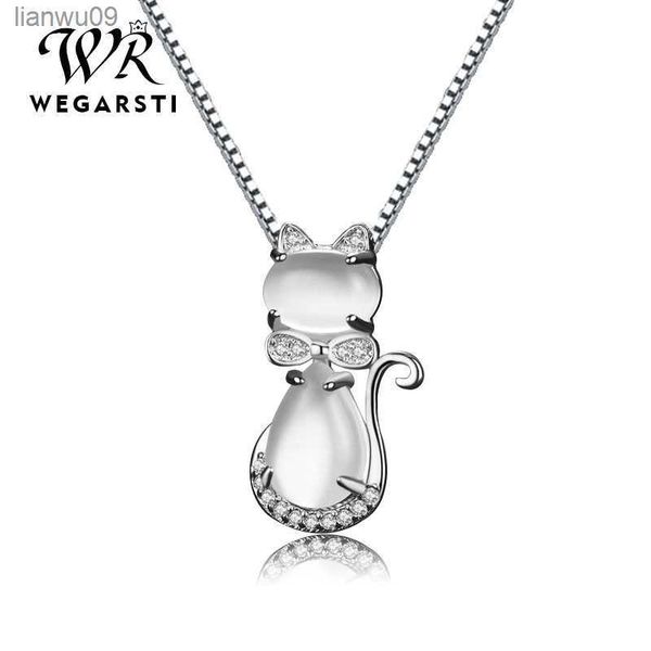 WEGARSTI 925 Silber Rosenquarz Edelstein Katze Anhänger Halskette für Frauen Romantische Edelstein Verlobung Jahrestag Geschenke L230704