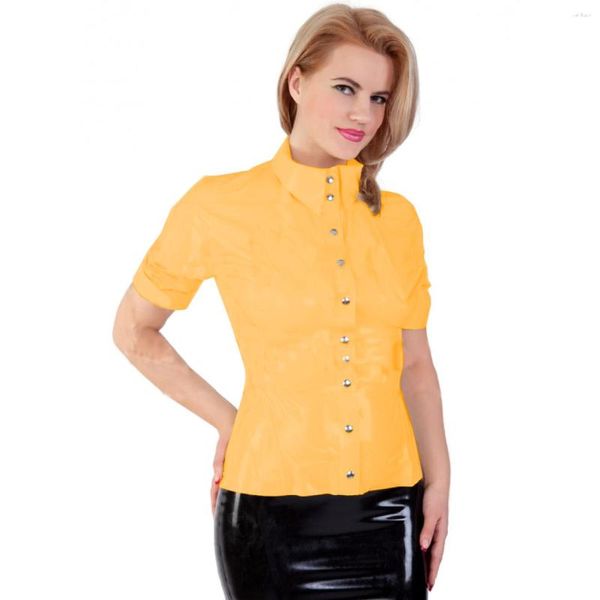 Camicette da donna Sexy Wetlook Colletto rovesciato Pelle PVC Manica corta Camicia abbottonata sottile Top Camicetta Office Lady Streetwear Party Club