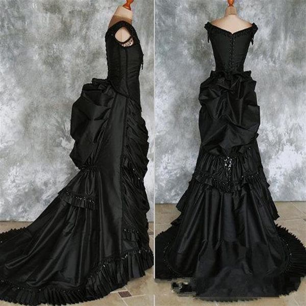 Abito da trambusto vittoriano gotico con perline in taffettà con strascico Vampire Ball Masquerade Halloween Abito da sposa nero Steampunk Goth 19th c247t