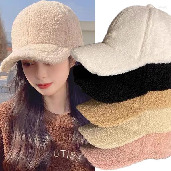 Berretti a sfera 2024 Cappelli in pelliccia di agnello Donna Autunno Inverno Versione coreana Marea Tinta unita Cappellino con visiera calda Peluche Baseball