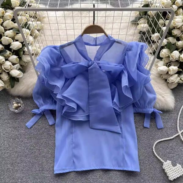 Camicette da donna WDMSNA Temperamento Increspato Donna Bow Tie Up Splice Solid Blusas Mujer Summer Thin Puff Sleeve Camicia in chiffon per donna