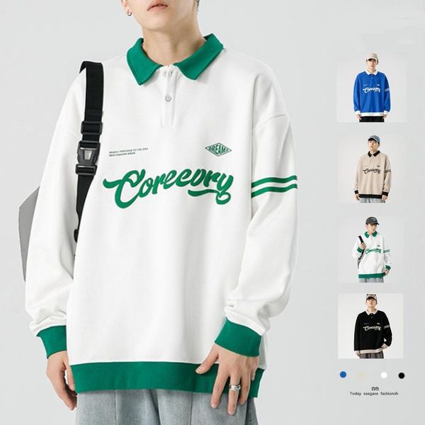 Felpe con cappuccio da uomo Primavera Autunno Uomo Felpa con collo a polo Lettera vintage stampata Streetwear Coppie maschili Top Uniforme da baseball da donna