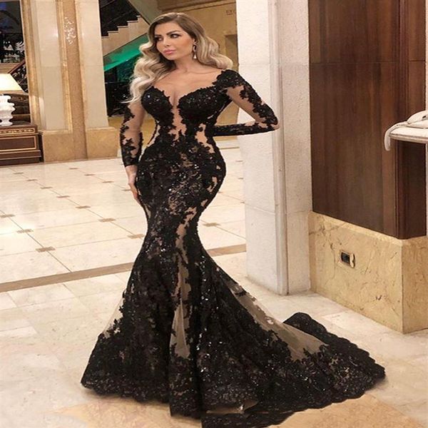 Vestido Sexy Preto Sereia Para Concurso De Noite 2021 Ilusão Manga Longa Renda Lantejoulas Aplique Transparente Rabo de Peixe Ocasião Vestido de Baile 333V