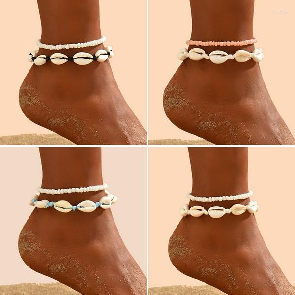Cavigliere Boemia Nappa multipla Set di braccialetti alla caviglia colorati per donna Conchiglia di riso Catena di perline a piedi Cavigliera Gioielli estivi Boho femminili