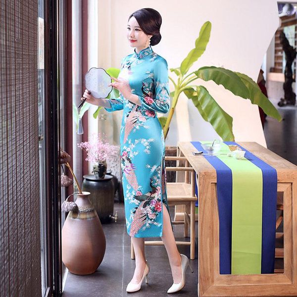 Ethnische Kleidung Oversize Frauen Langes Kleid Weibliche Hohe Split Satin Pfau Hülse Qipao Vintage Mandarin Kragen Cheongsam Vestidos
