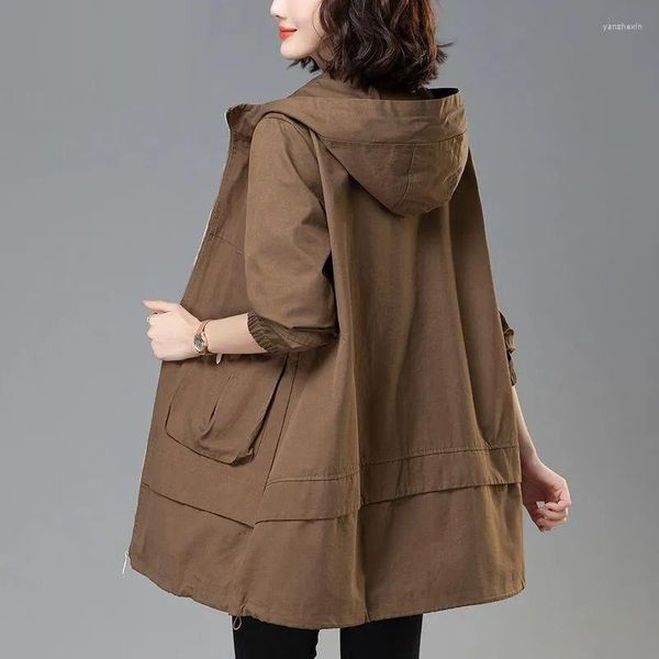 Trench Coats Feminino Casual Feminino Casaco Sólido Primavera Outono Ao Ar Livre Jaqueta de Manga Longa Comprimento Médio com Capuz Jaqueta à Prova de Vento Outwear T24