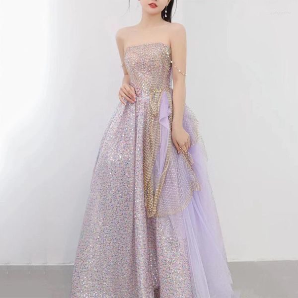 Ropa étnica Sexy Tube Top Long Prom Ball Gown Mujeres Light Purple Sparkly Exquisito Lentejuelas Party Vestidos de noche