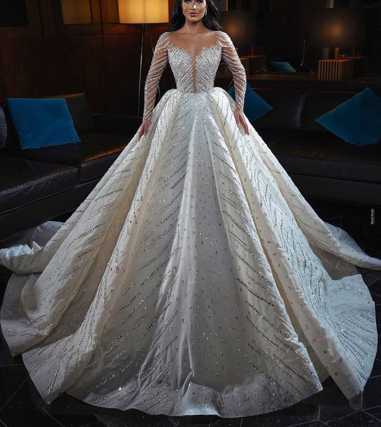 Abito da ballo scintillante Abiti da sposa Maniche lunghe Scollo a V profondo Paillettes Applique Increspature Cerniera Pizzo 3D Taglie forti Perline con lacci Diamanti Abiti da sposa Vestido de novia