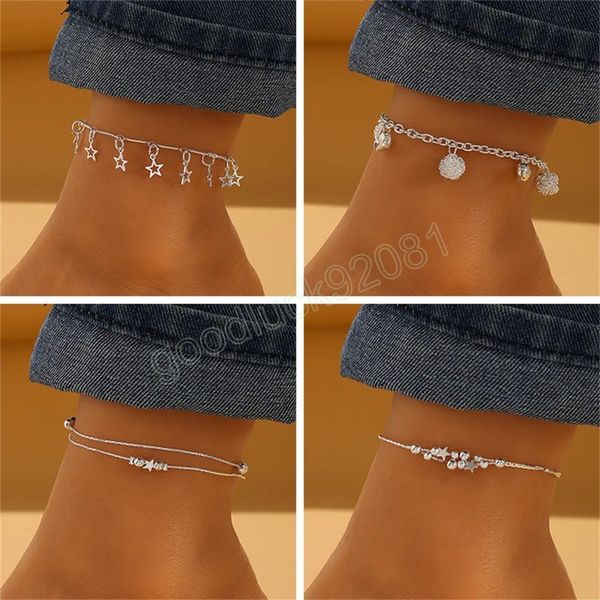 Tobilleras de campana de plata a la moda, colgante de estrella calado, cadena de pie para mujer, chica, pulsera de playa de verano, accesorios de joyería