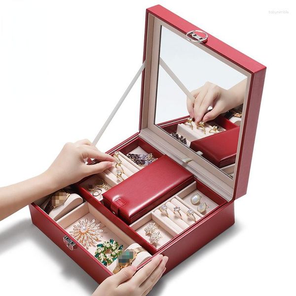Schmuckbeutel, rotes Hochzeits-Hardware-Box-Schloss, großes Fassungsvermögen, Aufbewahrung für Mitgift, Goldboxen