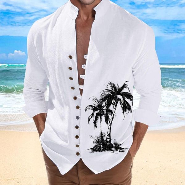 Camicie casual da uomo Primavera Autunno Cocco-albero Hawaii Camicia a maniche lunghe Tinta unita Colletto rialzato Stile Plus Size 2023