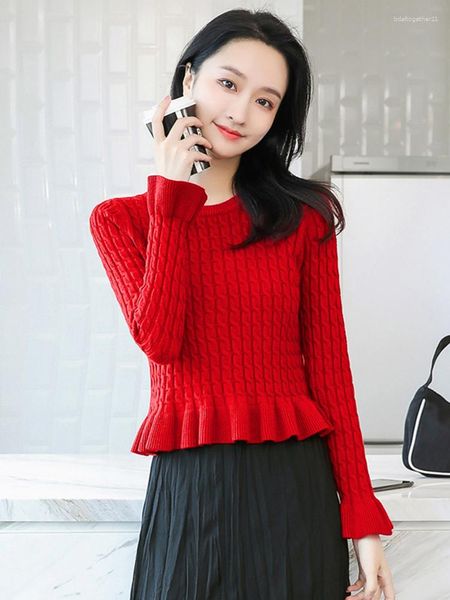 Damenpullover Korea Mode Rüschen Twist Rot Kurzpullover Pullover Herbst Winter 2023 Oansatz Schmetterlingsärmel Soild Jumper OL Tops