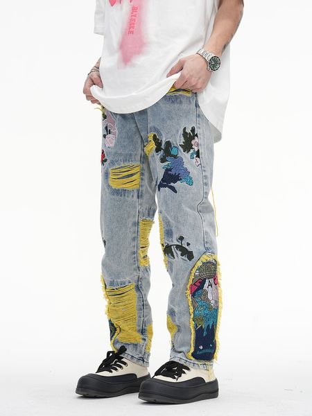 2023 Jeans Streetwear Uomo Pantaloni in denim strappato Pantaloni Hip Hop con ricamo floreale Harajuku Pantaloni in jeans denim retrò in cotone jogger