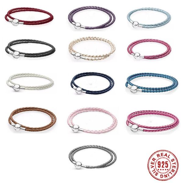 Pulseira Pandora de Prata Pura S925 com Miçangas Faça Você Mesmo Moda Pulseira de Couro Trançado com Argola Dupla Faça Você Mesmo Charm