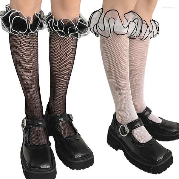 Frauen Socken Mädchen Fishnet Dots Kniehohe Harajuku Süße Kontrast Farbe Salat Rüschen Spitze Trim Kalb Drop