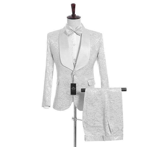 Fashion Designe Bianco Jacquard Smoking dello sposo Scialle Risvolto Groomsmen Uomo Abito da sposa Giacca uomo Giacca 3 pezzi Giacca Pantaloni V271M