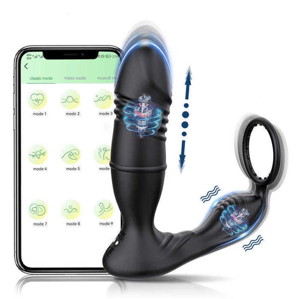 Bluetooth Anal Thrusting Vibrator App-gesteuerter Prostata-Verzögerungs-Ejakulations-Verschlussring-Buttplug für Männer