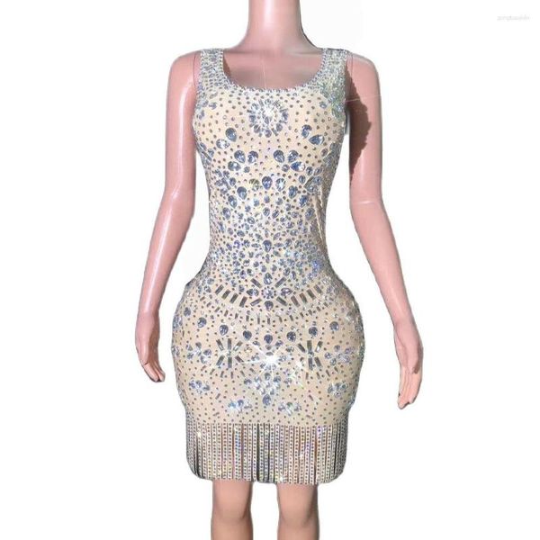 Stage Wear Sexy Shining Silver Strass Chain Fringe Dress Evening Birthday Celebrate Costume Women Party Dance Pography