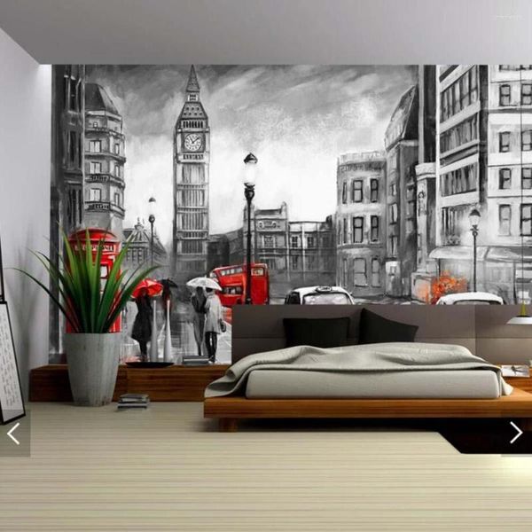 Tapeten 3D Moderne Vintage London Rot Schwarz Landschaft Tapete Wandbild Wandmalereien Aufkleber Für Schlafzimmer HD Gedruckt Bus Papier Custom