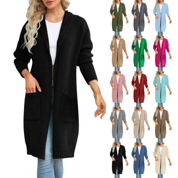 Damen-Trenchcoats mit Kapuze, einfarbig, mittellanges Strickhemd, modisch, lässig, Taschenoberteil und Schwanztuniken, Damenhemden