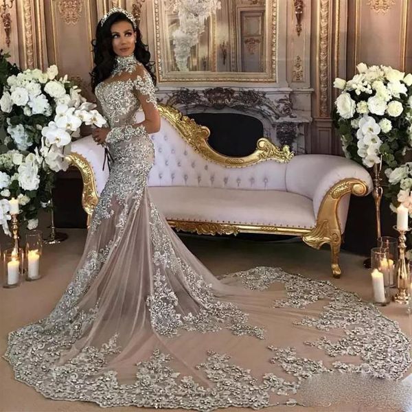 Dubai Arabisch Luxus Sparkly 2021 Brautkleider Sexy Bling Perlen Spitze Applikation High Neck Illusion Lange Ärmel Meerjungfrau Kapelle Br248O