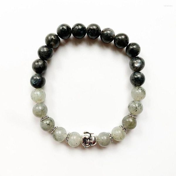 Strang Bhuann 8mm Schwarz Weiß Labradorit Steine Natürliche Runde Perlen Armband Tibet Silber Charms Buddha Kopf Stretch