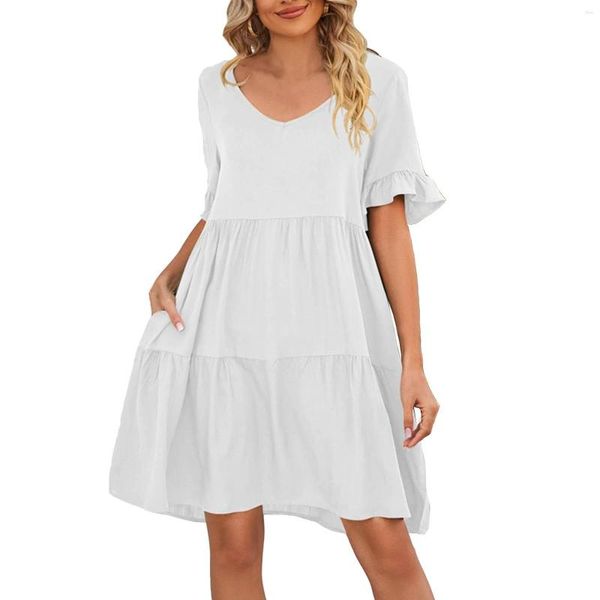 Casual Kleider Damen Sommer Solide V-ausschnitt Nette Drei Schicht Plissee Kleid Formale Anlass Luxus Abend Für Party 2023