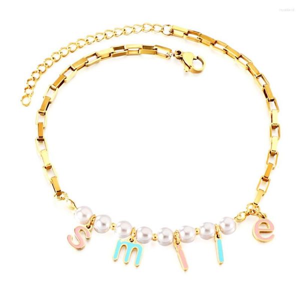 Cavigliere Fashion Delicate Boho Smile Letter White Pearl Cavigliera Gamba in catena portacavi color oro in acciaio inossidabile per gioielli da donna