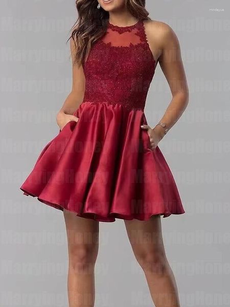 Partykleider, Satin, Spitze, Applikationen, Heimkehr, kurzes Neckholder-Cocktailkleid für Teenager, Abendkleid mit Taschen