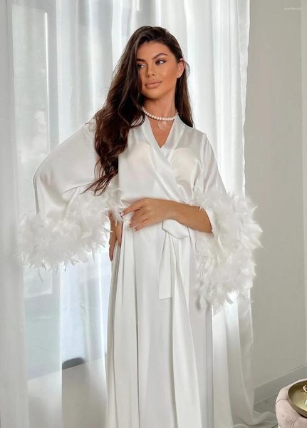 Roupa de dormir feminina branco boudoir longo robe de seda penas de noiva para o dia do casamento boho cetim rendado roupão quimono presente de dama de honra