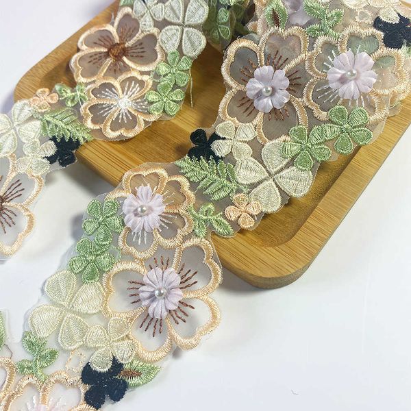 Produtos chineses 6.5cm de largura renda guarnição flor verde bordado frisado tule tecido de renda para costura bordado vestido de casamento materiais artesanais