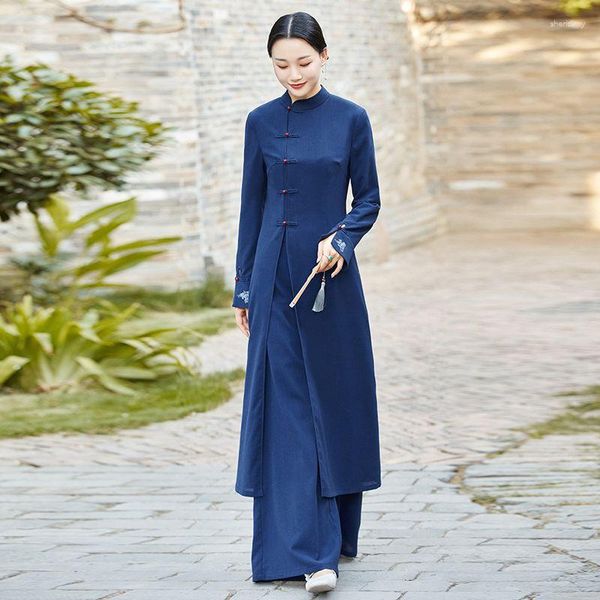 Abbigliamento etnico 2023 Cotone Lino Tang Abito da donna Camicetta retrò Completo Cheongsam artistico Set in due pezzi Zen Autunno