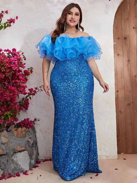 2023 Plus Size Arabo Aso Ebi Lussuoso abito da ballo a sirena sexy lucido blu Cristalli di perline Sera formale Festa Secondo ricevimento Compleanno Abiti di fidanzamento Abito