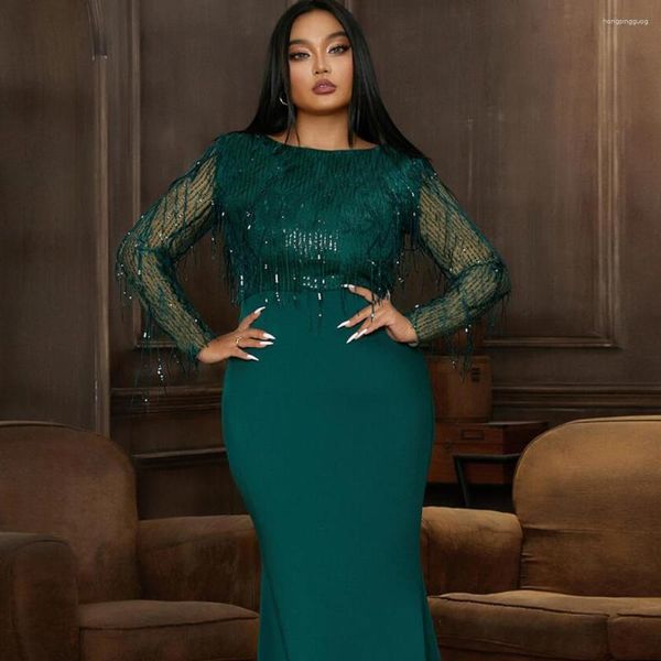 Plus Size Kleider Party Mode Große Hohe Taille Dame Weibliche Maxi Kleid Grün Langarm Quasten Für Frauen 2023