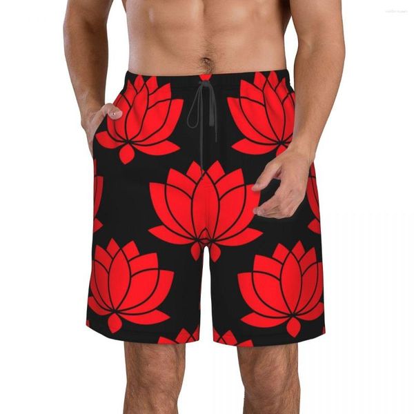 Herren-Shorts, Strand, Schwimmen, Surfen, Maillot de Bain, rote botanische Lotusblume, Sportbrett, schnell trocknende Badebekleidung