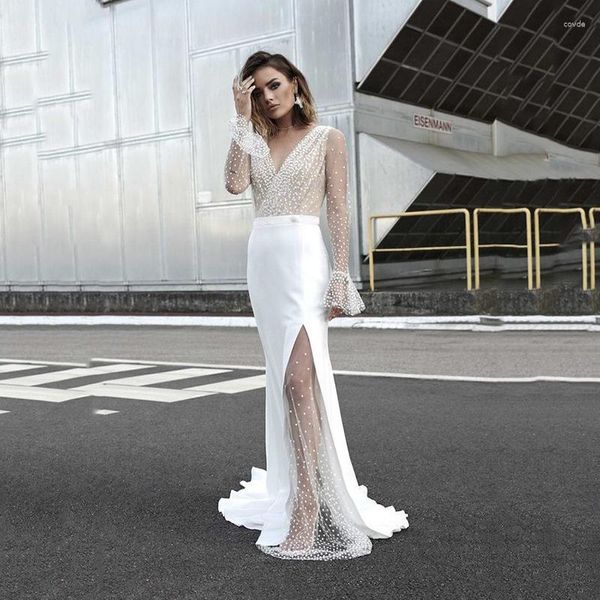 Casual Kleider Sexy V-ausschnitt Perspektive Hochzeit Kleid Frauen Mode Langarm Abend Schlank Urlaub Sommer Vestido