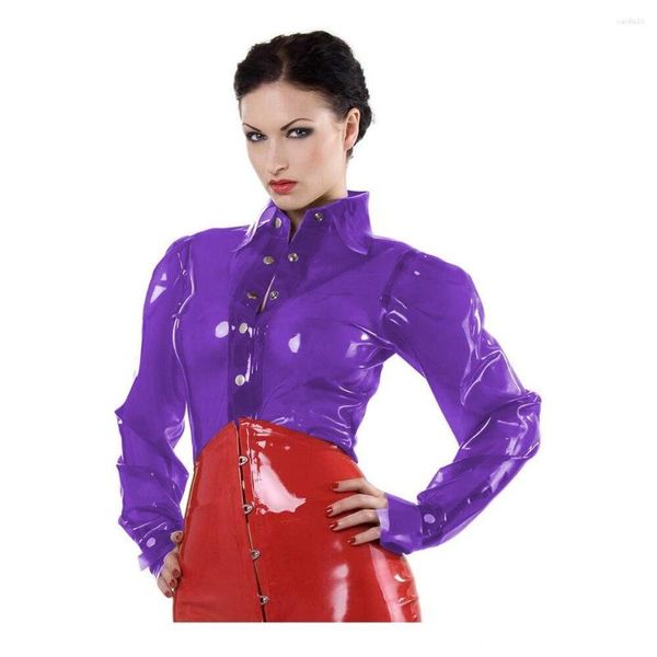 Giacche da donna Giacca in PVC effetto bagnato Bottoni sexy Manica lunga a lanterna Tansparency Camicia trasparente Slim Donna Camicetta trasparente Novità Club