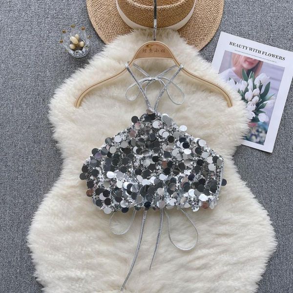 Canotte da donna 023 Crop Top Donna Silver Paillettes Opaco Design alla moda Sexy Avant-Garde High Street Personalità Gilet con lacci Donna